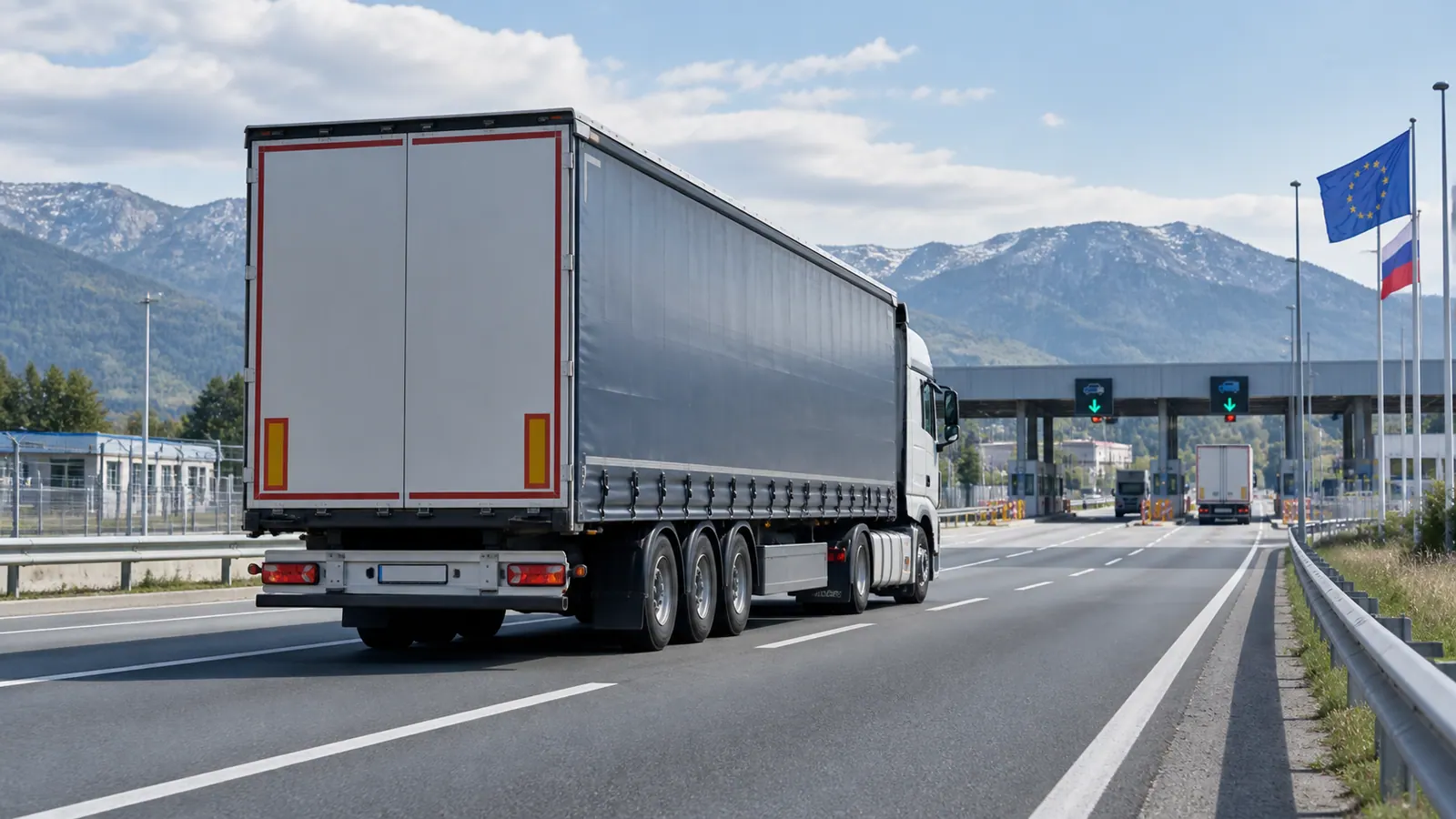 International road freight truck on a highway near a land border